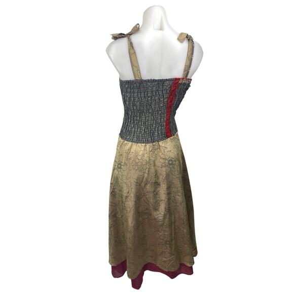 Belma Gold Gray Metallic Sleeveless Smocked Cami Camisole Midi A-Line Dress OS - Picture 2 of 4